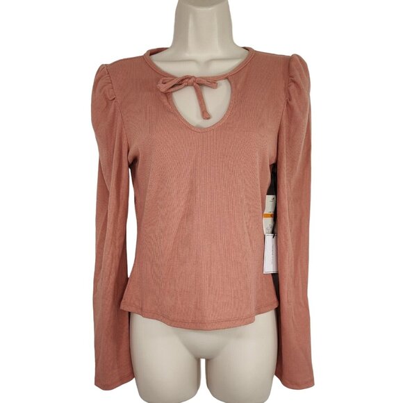 1. State Ribbed Tie Neckline Knit Top Women Size S Pink Long Sleeve NEW - Picture 1 of 7
